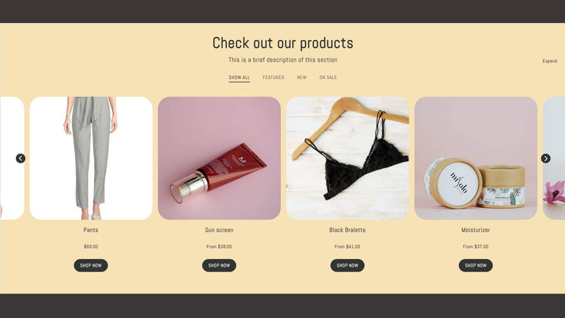 Example of Product Collections With Menu Shopify section - carousel view